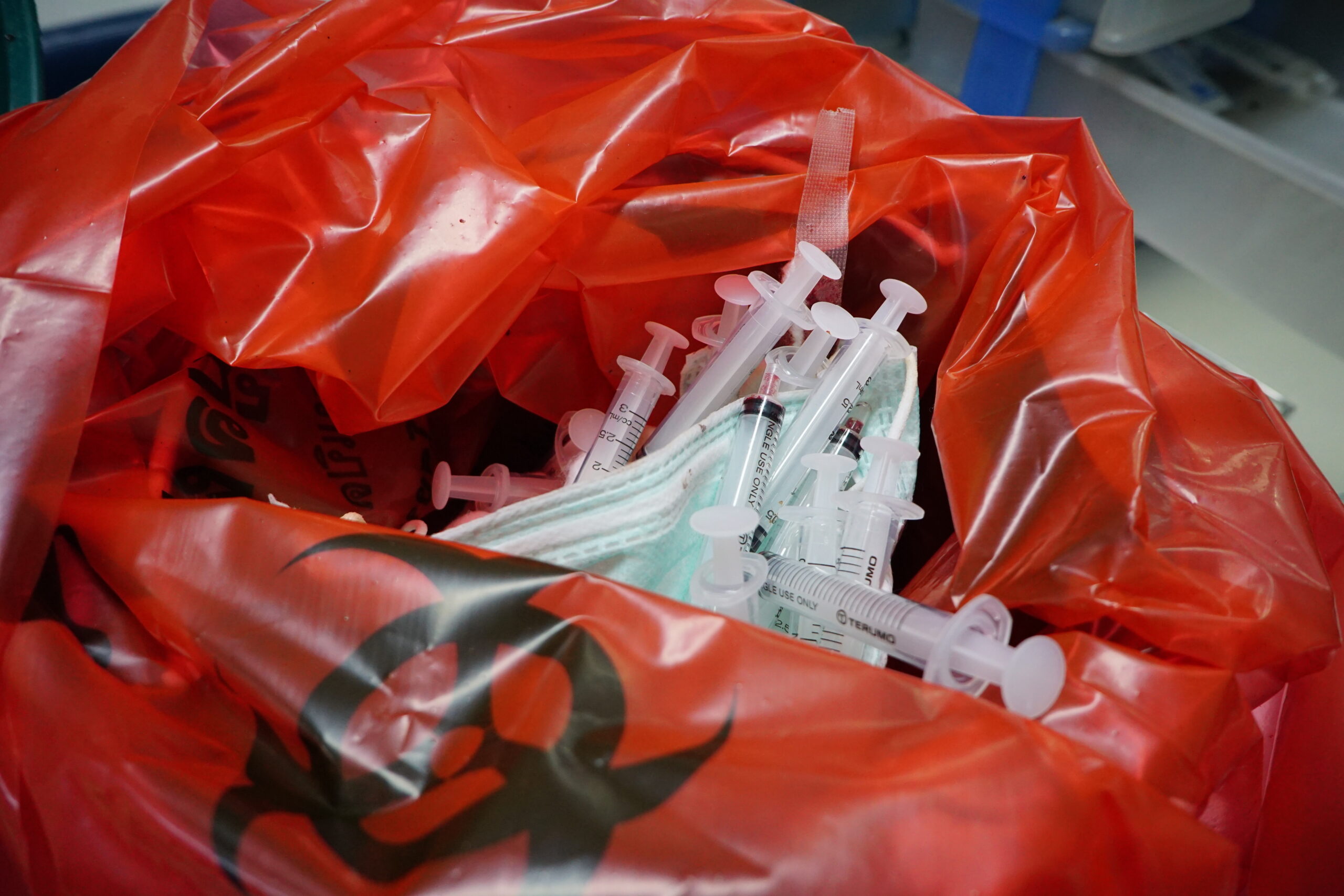Syringes in red bag