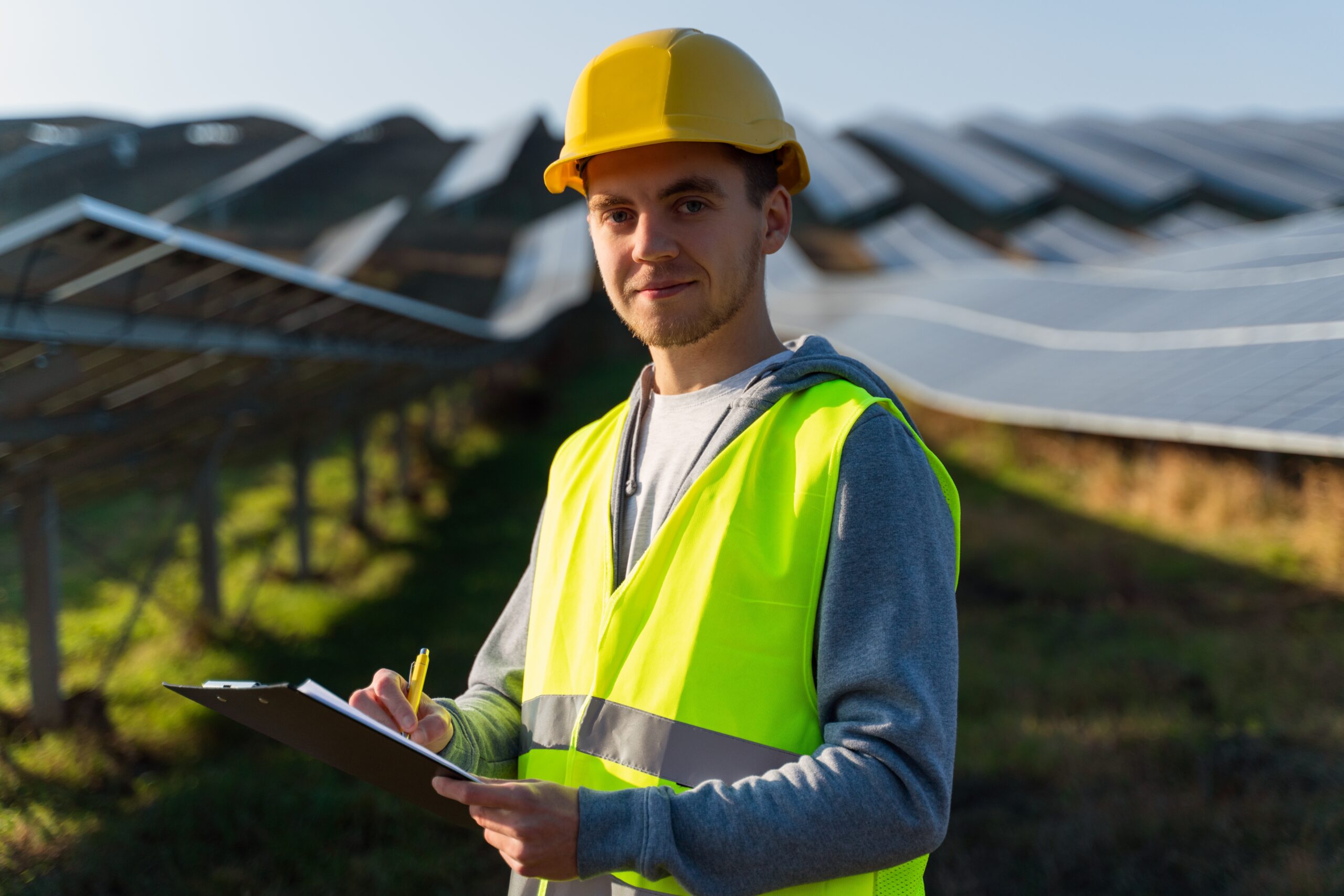 Person wearing yellow construction hat and construction visor standing with a clipboard and solar panel fields behind 