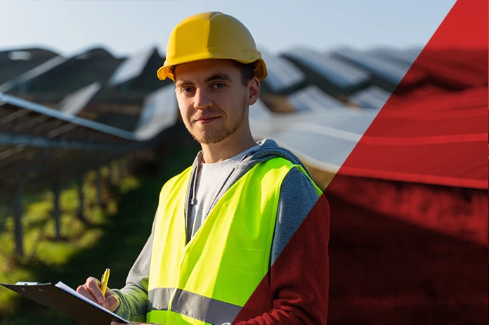 Man standing in solar panel field with yellow construction hat and vest
